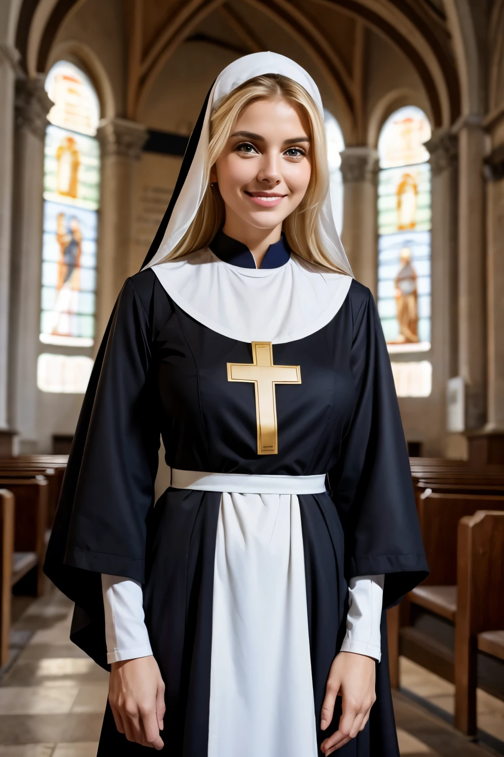 Italian Beautiful Girl、Blonde Hair、smile、Slim body、Put your hands together in front of your chest、Monastic uniform、Nuns、Standing before the cross、In the church