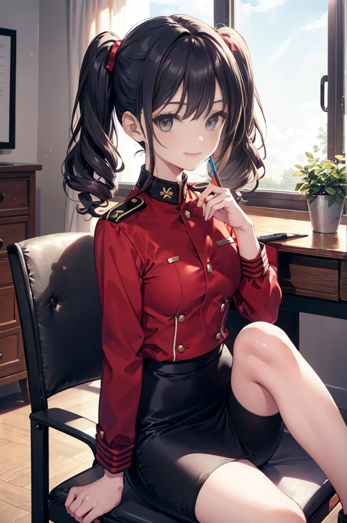 (masterpiece), 4K,woman,2 Foot,Long-sleeved military uniform,Small breasts,Small Ass,Curly Twin Tails,Light bulb lighting,Realistic, skinny, smile,Sitting at a desk,((Knee-length pencil skirt)),