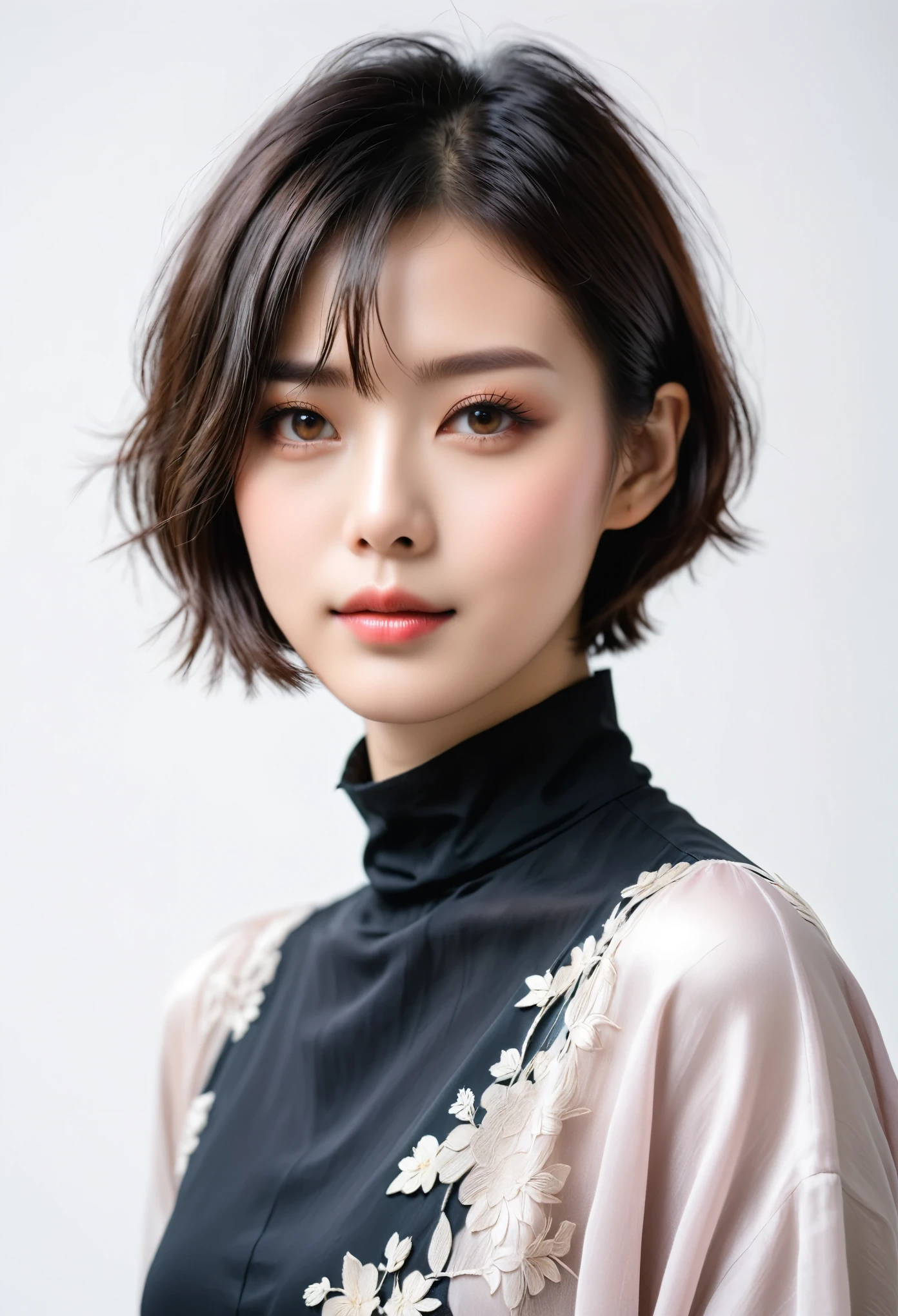 beautiful Japanese woman with short hair , white background