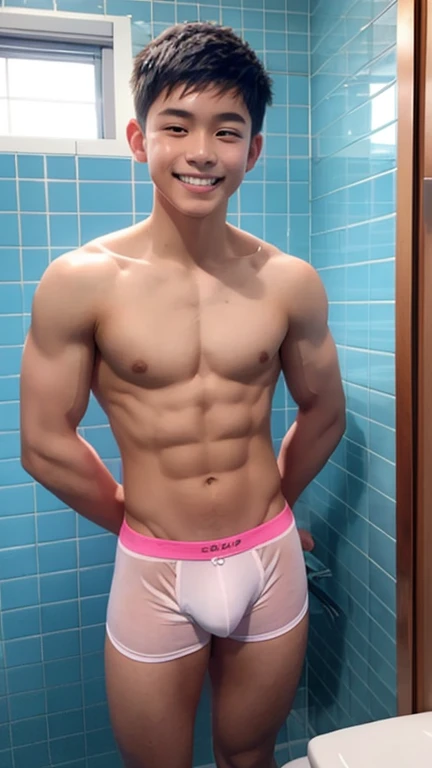 Japanese men、、Underdeveloped muscles and smooth skin、The whole body is visible、White and blue thin boxer briefs、Open mouth smile、Posing in the bathroom、Short pink hair with undercut、