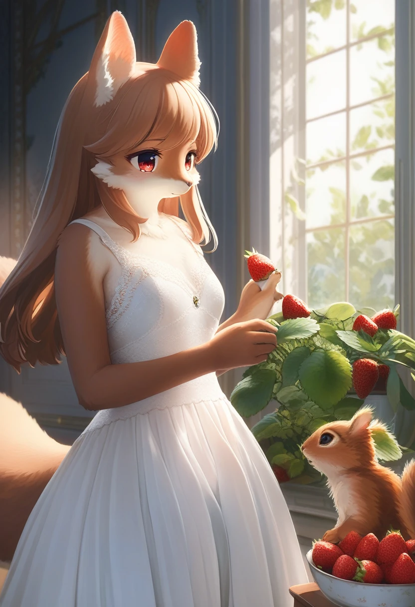 ((Masterpiece)), ((Best Quality)), (Very Detailed), ((Very Detailed)), 4K, (8K), very aesthetic, absurdres highres, 1 girl, (anthropomorphic squirrel, furry, kemono:1.5), In an elegant interior, a woman in a white dress looks at a ring with a thin silver band and a realistic strawberry-shaped top. A small red ruby ​​is embedded in the strawberry, and green leaves decorate the surrounding area. Cool light illuminates the room, highlighting the lace texture of the dress.