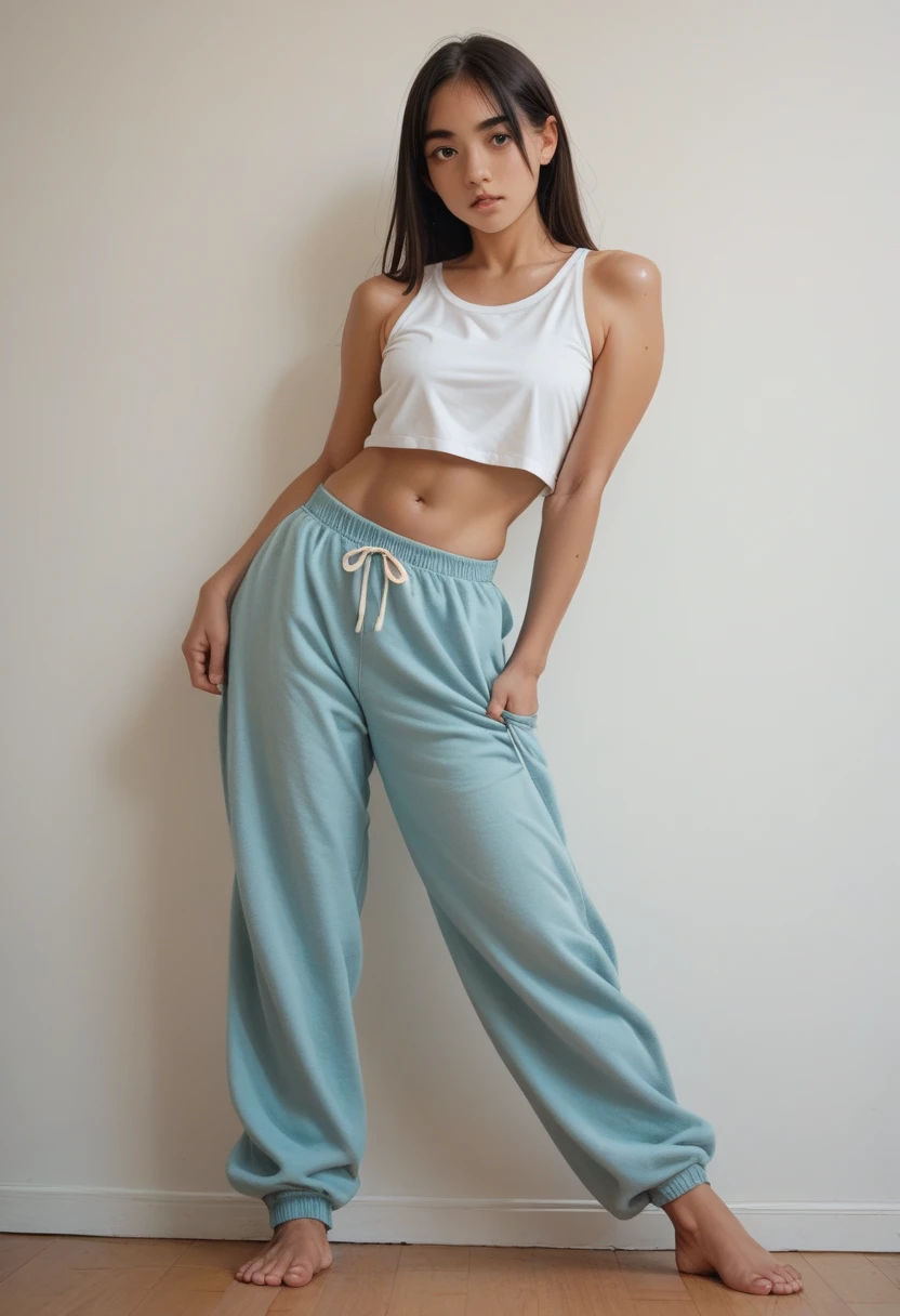 Girl in crop top and pajama pants walks barefoot through school and jerks off a classmate