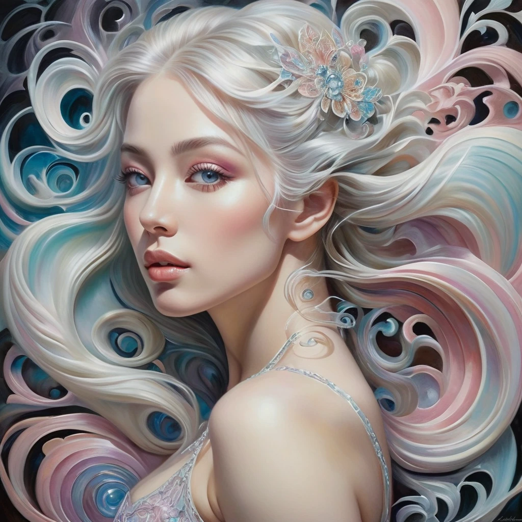 Enchanting platinum filigree and pastel swirls, Hall々A woman with a muscular figure, Flowing platinum hair, sharp, Detailed face, Expressive, crystal eyes, Puzzling image, Rococo time portals flourish, The intricate details、It suggests hidden depths beyond.. This surreal oil painting、The delicate swirls of color gracefully dance and invite the viewer into a fantastical world.。. Incredibly detailed, Each brush stroke is careful and precise, It captures the essence of a bygone era with amazing accuracy.. This visually stunning masterpiece、It exudes an aura of mystery and wonder., Discover mysterious secrets.