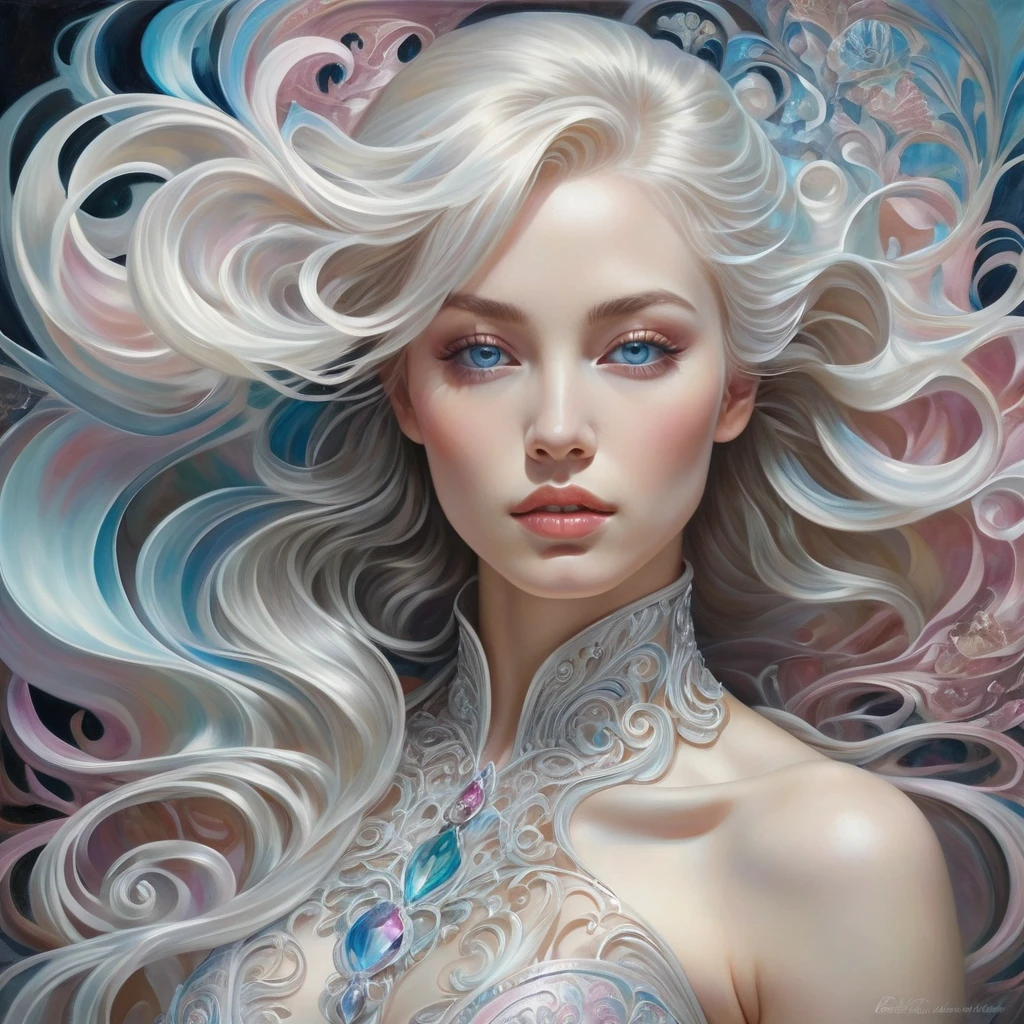 Enchanting platinum filigree and pastel swirls, Hall々A woman with a muscular figure, Flowing platinum hair, sharp, Detailed face, Expressive, crystal eyes, Puzzling image, Rococo time portals flourish, The intricate details、It suggests hidden depths beyond.. This surreal oil painting、The delicate swirls of color gracefully dance and invite the viewer into a fantastical world.。. Incredibly detailed, Each brush stroke is careful and precise, It captures the essence of a bygone era with amazing accuracy.. This visually stunning masterpiece、It exudes an aura of mystery and wonder., Discover mysterious secrets.