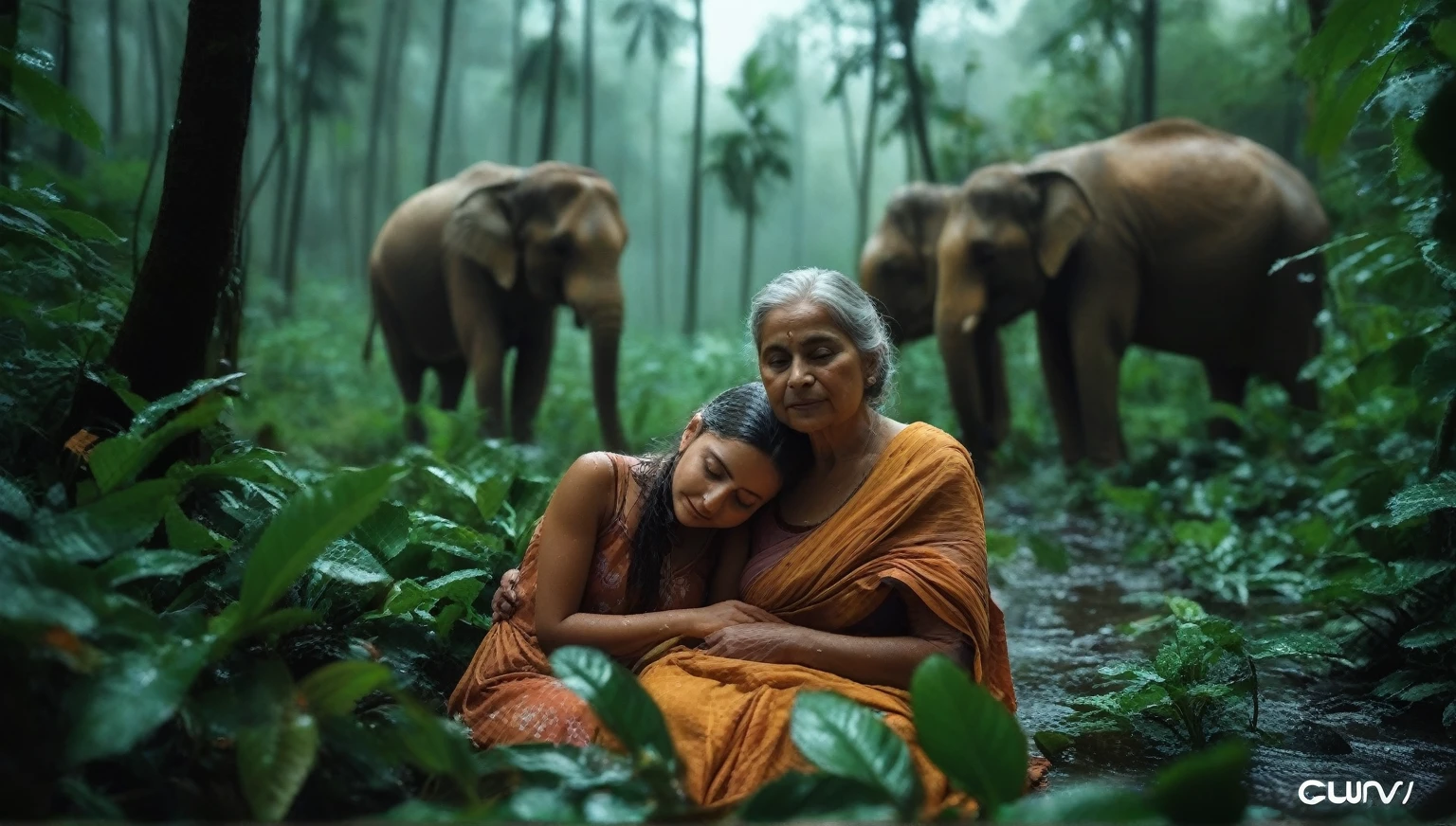 The image captures the profound contrast between the quiet serenity of the grandmother and granddaughter fast asleep amidst the lush foliage, unaware of the approaching rescue team. The Canon EOS 5D Mark IV, known for its exceptional image quality and versatility, perfectly captures the details of the scene, enhancing its visual impact. The foreground of the image showcases the grandmother and granddaughter, peacefully sleeping amidst the rain-soaked cardamom forest in Kerala. Their clothes are drenched, clinging to their bodies, and their faces display a mix of determination and exhaustion. The wide shot captures the towering cardamom plants around them, their broad leaves glistening with raindrops. The sky above is a moody grey, hinting at more rain to come. In the background, a group of dedicated rescue team members can be seen approaching. Equipped with specialized gear and a sense of purpose, they move swiftly and with determination towards the sleeping duo. Their presence brings a sense of reassurance and safety, as help is finally at hand. The image symbolizes the power of human compassion and unity in the face of challenging circumstances. It portrays the unwavering bond between the grandmother, granddaughter, and the rescue team members. The rescue team's approach represents the hope and relief that they bring to those in need. Overall, this captivating image captures the contrast between the peaceful sleep of the grandmother and granddaughter and the approaching rescue team members, highlighting the profound sense of security and comfort they find in each other's company. The Canon EOS 5D Mark IV ensures that every detail is preserved, adding depth and richness to the image, Studio lighting, Volumetric lighting, Photo taken by Annie Leibovitz with Canon EOS 5D Mark IV Award Winning Photography style, Cinematic lighting, 8K, Ultra-HD, Super-Resolution. --v 5 --q 2