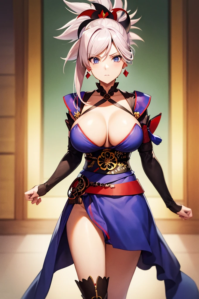 masterpiece, Highest quality:1.2), miyamoto musashi, asymmetrical hair, Blue eyes, earrings, hair ornament, pink hair, ponytail, sidelocks,, One Woman, alone,Silver Hair,Tied up hair,Huge breasts,Thick legs,Cowboy Shot,Blue kimono,No sleeve,Removable sleeves,Red belt,Exposing shoulders,side