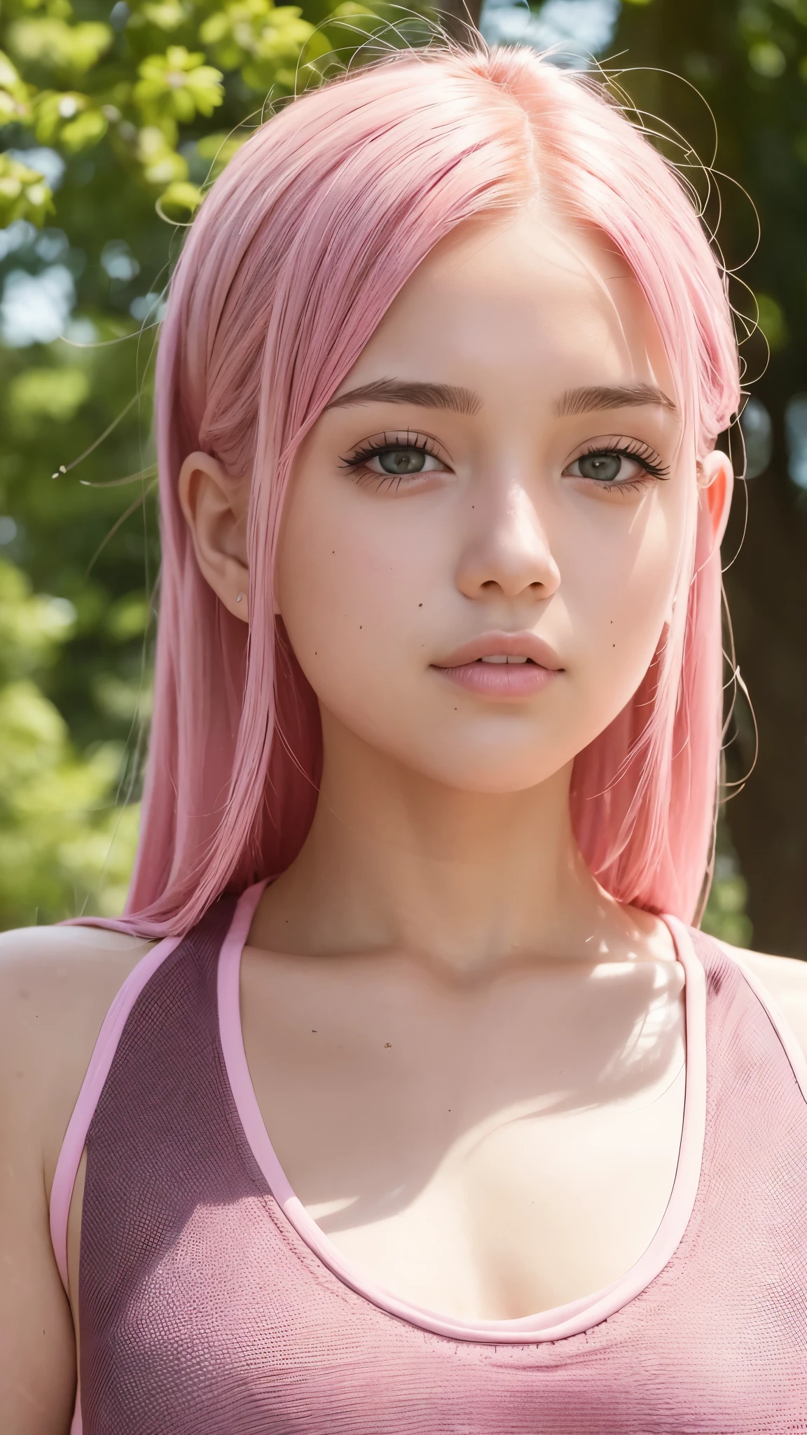 Beautiful girl with pink hair and brown eyes in sportswear walking in a park sunny and clear day photo session close up on face 