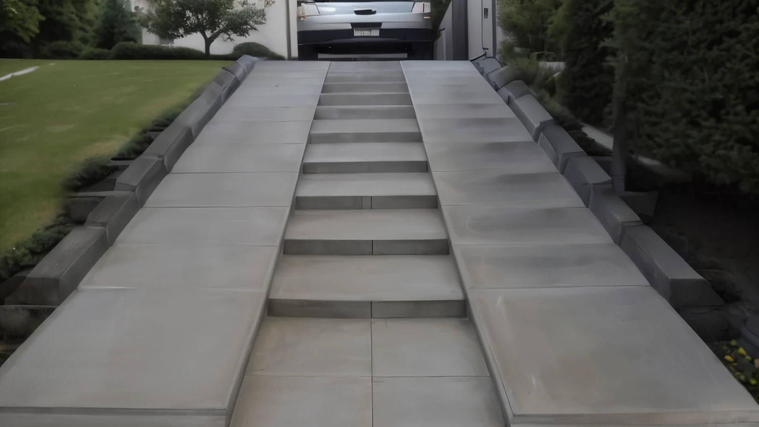 arafed concrete Steps leading to a house with a truck parked in the driveway, with footbridges, footbridges, sloped street, footbridge, steps externas, Steps leading down, sloped site, external staircase, pathway, concrete, aparência lots realista, por Dennis Ashbaugh, extremely clean lines, Steps, lots, lots realista, Impossible stairs, steps