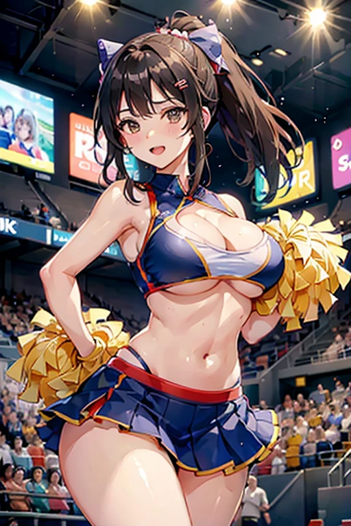 sexy voluptuous cheerleader, wearing cheerleader outfit, holding pom poms, stadium, dancing, cheering up the crowd