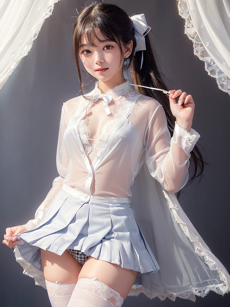 ((smile))、Confused、RAW Photos、(((The ultimate portrait masterpiece)))、((The cutest girl in the world:1.4))、1 girl、、Japanese、Cute Face、((Silky Hair))、(A high ponytail tied with a ribbon:1.4)、((Eyes that shine like jewels))、Glowing Skin、(young woman;A school uniform consisting of a transparent white shirt, Thin ribbon, blazer, Checkered pleated skirt.:1.5)、Winter clothes、(Uniforms made from high-quality fabrics:1.4)、Ultra-detailed uniforms、(She shyly pulls up her skirt:1.3)、(Lace panties are visible.:1.3)、((Crotch from the front))、A skirt fluttering in the wind、eyeliner、Beautiful Bangs、Hair between the eyes、((solve、High resolution))、Detailed Background、8 KUHD、Digital SLR、Soft Light、high solve、Film Grain、Fujifilm XT3、Shallow depth of field、自然なSoft Light、Narrow waist,(Beautiful girl with sparkling eyes:1.3),(skirtlift),(((Sexy see-through lingerie for women,Shiny bodysuit,Smooth and silky clothing,Trimmed combination,Lace Stockings,Erotic leash,pajamas))),