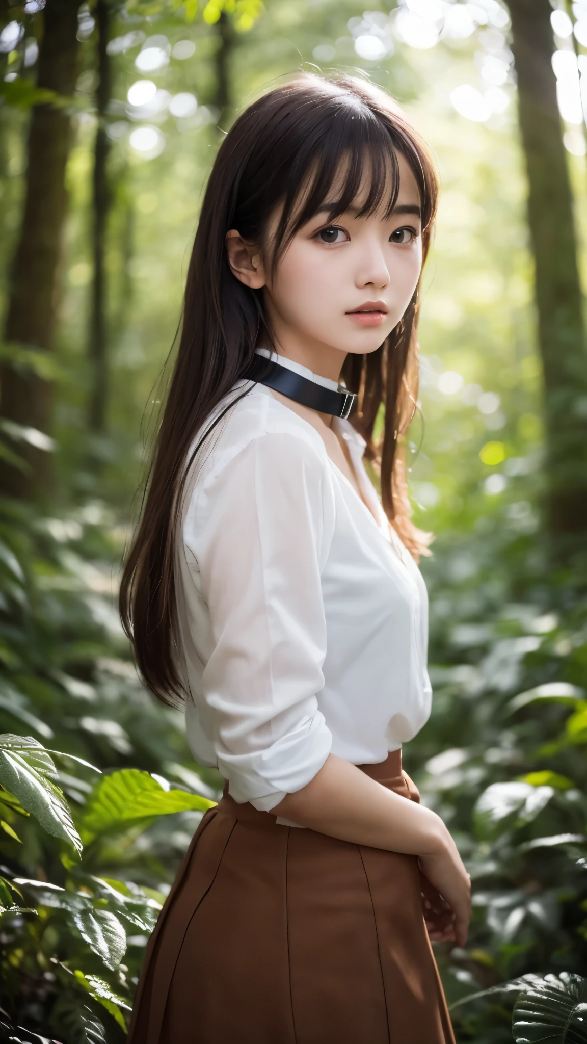 Browsing Caution, ((in the forest)), masterpiece, Highest quality, 8k, 1 girl, 20 I, Please open your mouth a little, Ambiguous language, close, close up of face, alone, cute, Girlish, Delicate girl, Pure beauty,  RAW Photos, Professional photography, Portraiture, Soft Light, Professional Lighting, Backlight, Looking forward to meeting you, Sophisticated, Film Grain, (Eye and facial details:1.0), Long hair floating, ((collar付きシャツ、skirt:1.3)), Neat, collar,beautiful, Flowing Hair, Hunchback、bangs, whole body、Looking into the camera