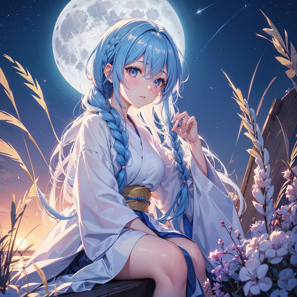 Sky blue hair, (Braided medium hair:1.2), Pink eyes,Fair skin ,(whole body),(One Girl),(White sweet dumplings ),White round dumplings,Japanese pampas grass,(beautiful, Full moon shining in the night sky),(masterpiece, Highest quality, Very detailed, Best Shadow), (Detailed Background), (Beautifully detailed face), High Contrast, (Best lighting, Very delicate and beautiful), ((Cinematic Light)), colorful, Hyper Detail,8k, Dramatic Light, Intricate details,Sit and look at the moon,