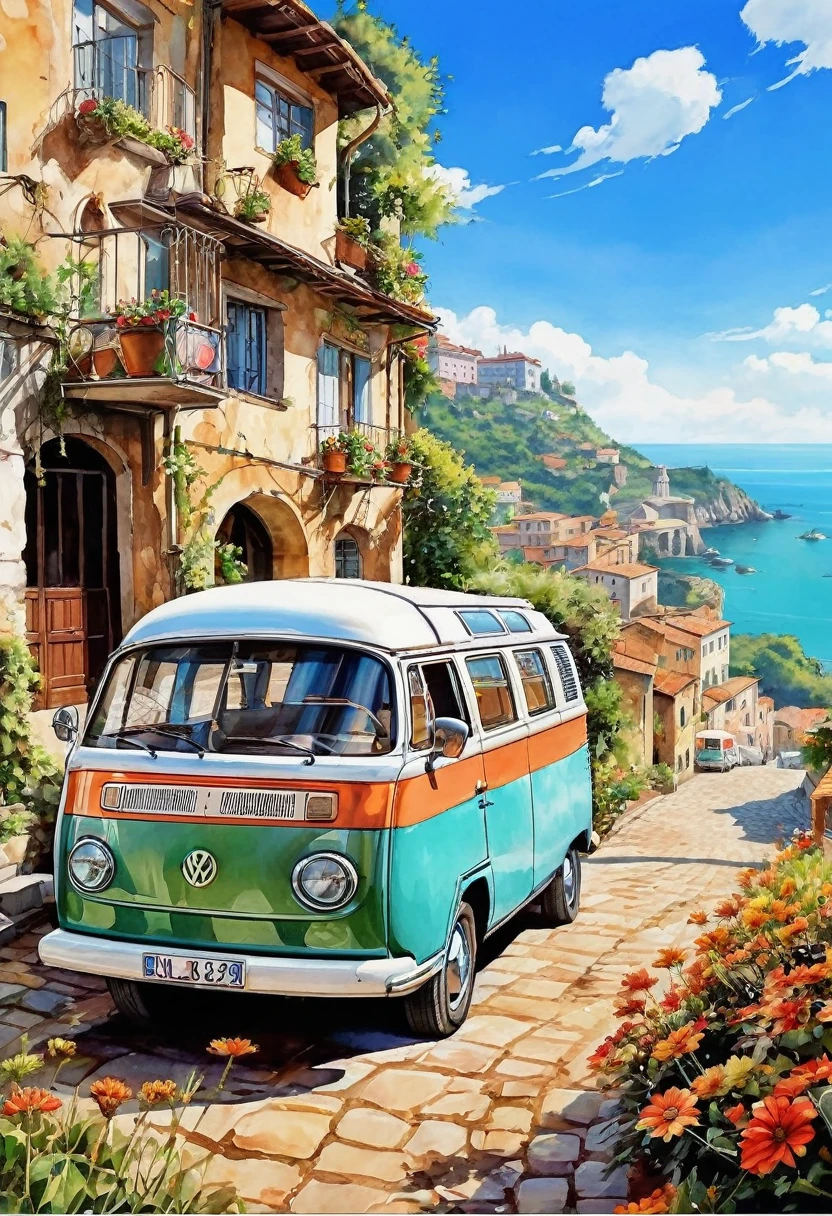 Picture of a van parked on a cobblestone street near a building, VW buses on the street, beautiful retro art, by Bencho Obreshkov, Driving a VW Microbus, Colourful and detailed, 8k)), happy italian beach scene, Watercolor style, super Realistic painting style, Detailed 4K painting, Realistic painting style, Awesome Wallpapers