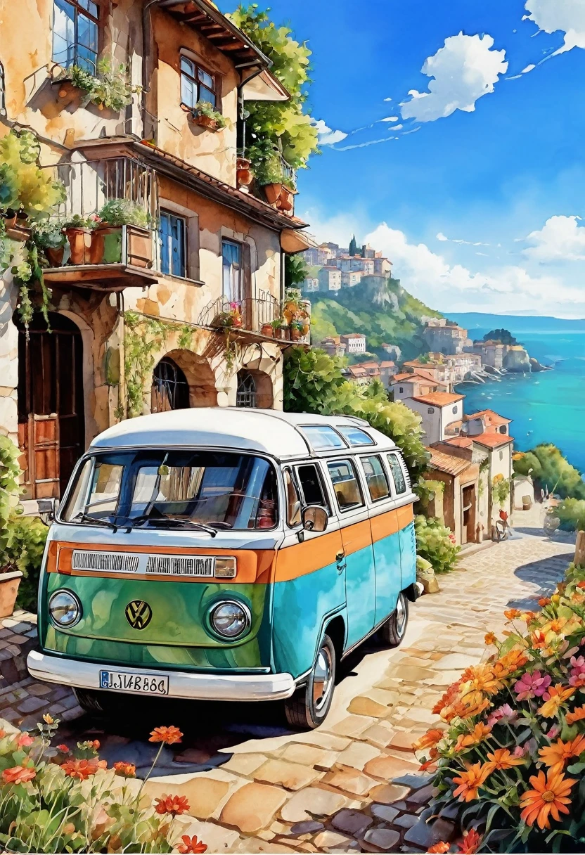 Picture of a van parked on a cobblestone street near a building, VW buses on the street, beautiful retro art, by Bencho Obreshkov, Driving a VW Microbus, Colourful and detailed, 8k)), happy italian beach scene, Watercolor style, super Realistic painting style, Detailed 4K painting, Realistic painting style, Awesome Wallpapers
