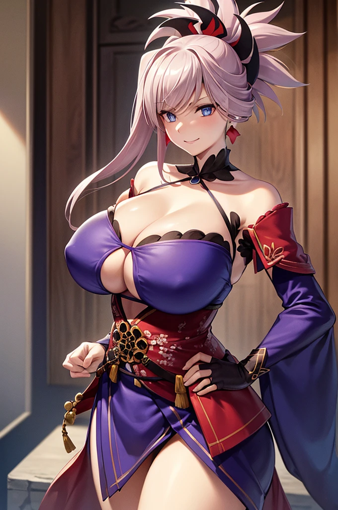 masterpiece, Highest quality:1.2), miyamoto musashi, asymmetrical hair, Blue eyes, earrings, hair ornament, pink hair, ponytail, sidelocks,, One Woman, alone,Silver Hair,Huge ,Thick legs,smile,Cowboy Shot,Blue kimono,No sleeve,Removable sleeves,Red belt,Cleavagng shoulders,side