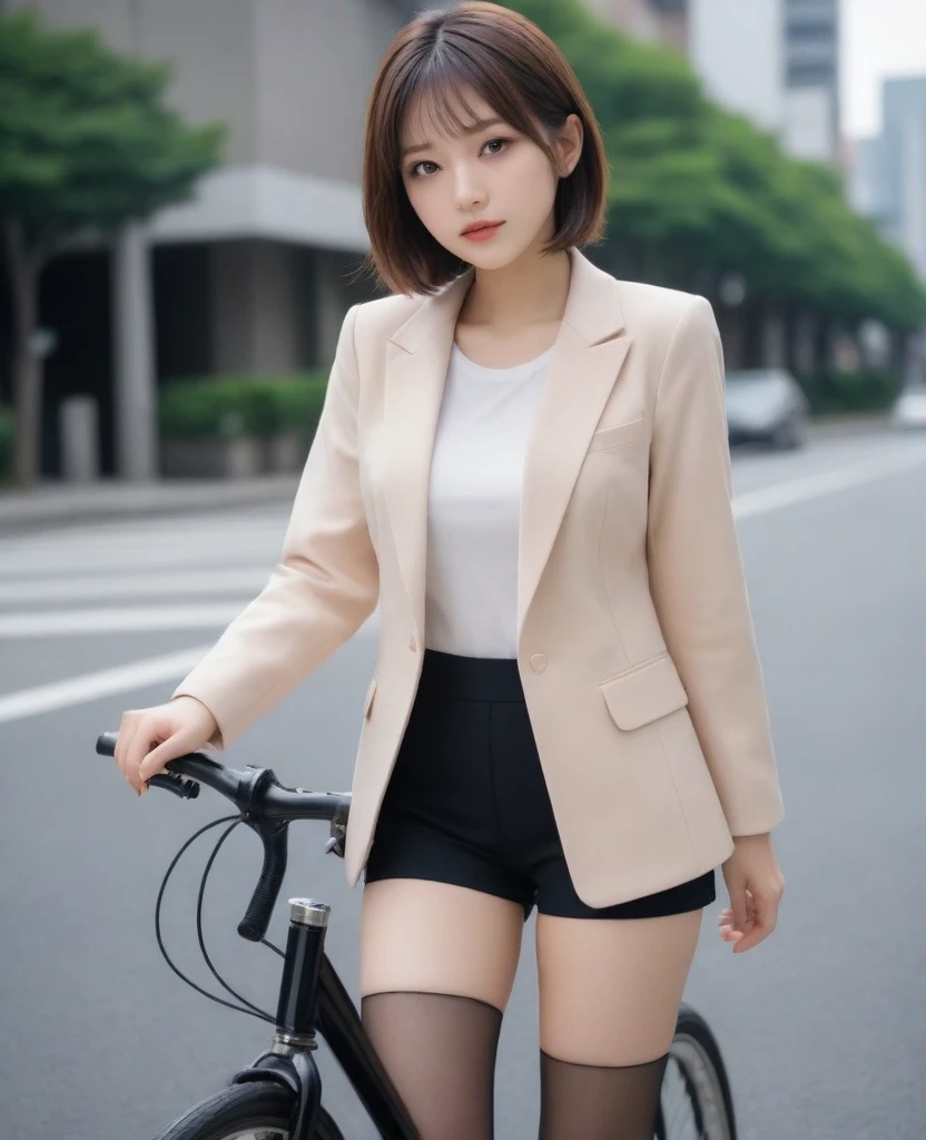 8k, photo realistic, Scores 9, 8, 7, 6, medium closeup, detailed, very sharp, vivid, solo, biking through Tokyo street, jacket, high heel, long legs, beautiful eyes, office suits, basket, (((riding bicycle))), bicycle, short hair, front view, low angle, going fast,  depth of field, beautiful breasts, slender,  the most beautiful woman, double eyelid, cute japanese woman, 25 yo, strong wind, slim beautiful legs, sexy pantie stocking, foot on pedal