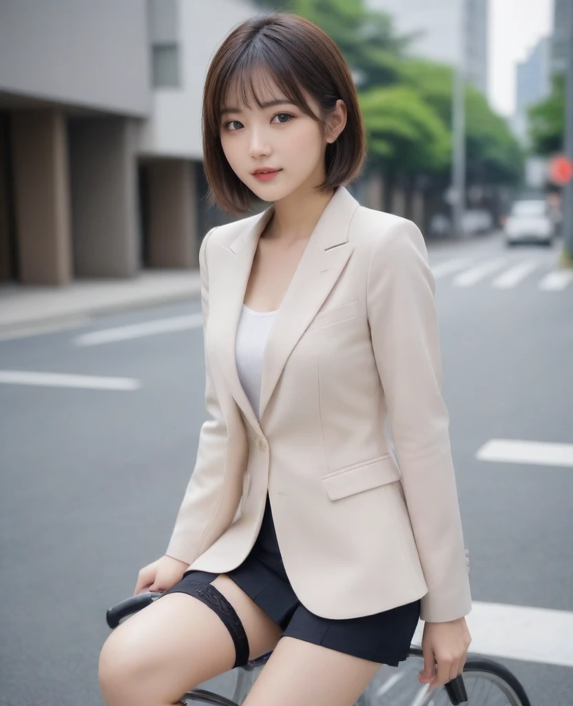 8k, photo realistic, Scores 9, 8, 7, 6, medium closeup, detailed, very sharp, vivid, solo, biking through Tokyo street, jacket, high heel, long legs, beautiful eyes, office suits, basket, (((riding bicycle))), bicycle, short hair, front view, low angle, going fast,  depth of field, beautiful breasts, slender,  the most beautiful woman, double eyelid, cute japanese woman, 25 yo, strong wind, slim beautiful legs, sexy pantie stocking, foot on pedal