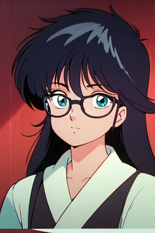 The face belongs to a Chinese girl wearing round, black-rimmed glasses.