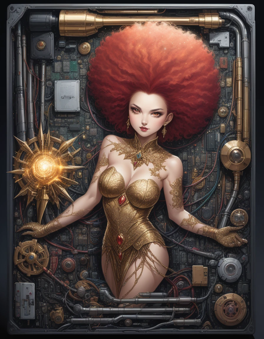 atmosfera oleosa sombria 4D style cat leona sexy picture of a grown-up magical girl sexy cute mature face hair afro red+ gold with some puled up into a false ponytail girl is a beautiful dark black theme with glitter and sparkles perfect redeye creating a glamorous and aesthetic effect. sharp focus emitting diodes smoke artillery sparks racks system unit motherboard by pascal blanche rutkowski repin artstation hyperrealism painting concept art of detailed