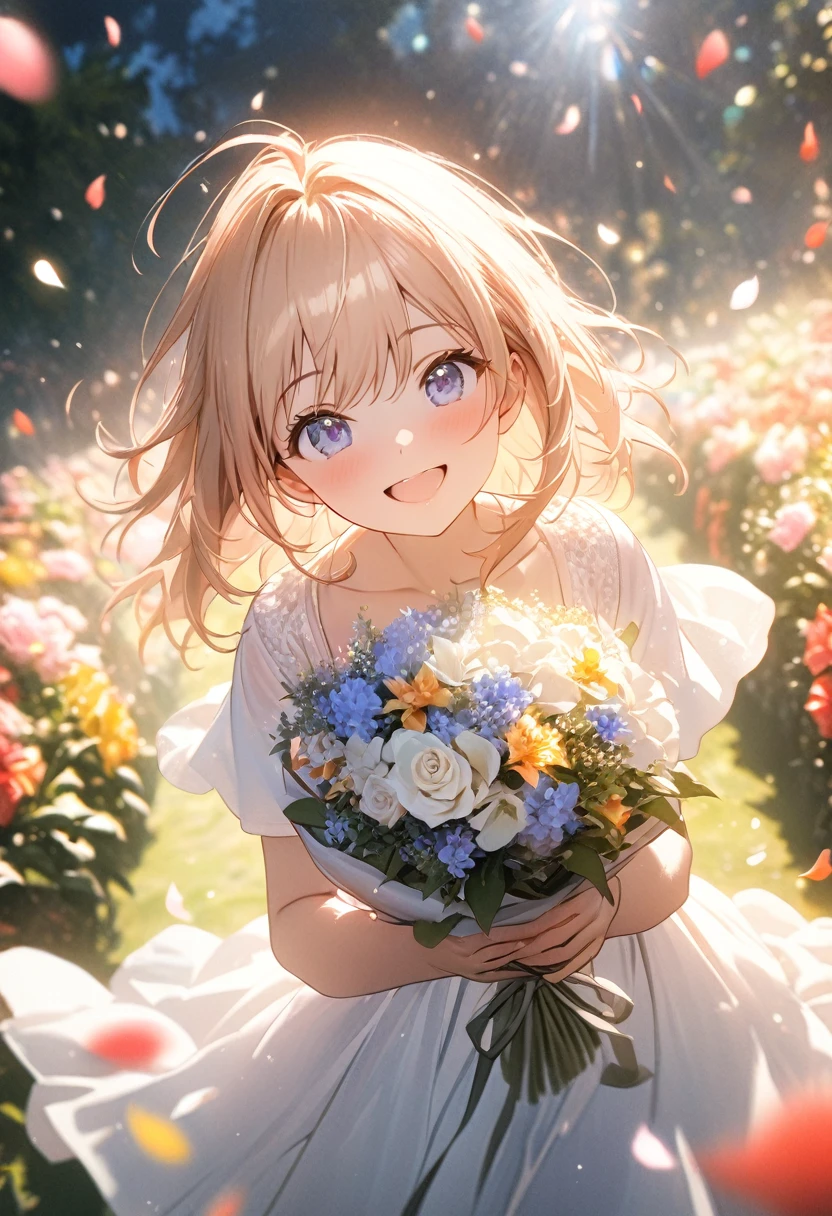 Anime, depth of field, cinematic lighting, lens flare, f/1.2, (Masterpiece: 1.2), (high resolution), flower garden, girl with a bouquet, smile of joy, dancing petals, light effects, emotion photo, full of kindness, (bouquet for you), masterpiece, highest quality, highly detailed CG Unity 8k wallpaper,