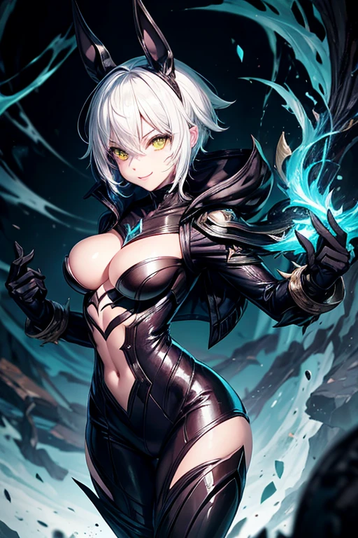 League of legends character riven in venom suit, white hair, yellow eyes, black suit, black bunny suit, venom suit, looking to the camera, smile, holding the camera, sexy body