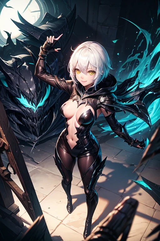 League of legends character riven in venom suit, white hair, yellow eyes, black suit, black bunny suit, venom suit, looking to the camera, smile, holding the camera, sexy body
