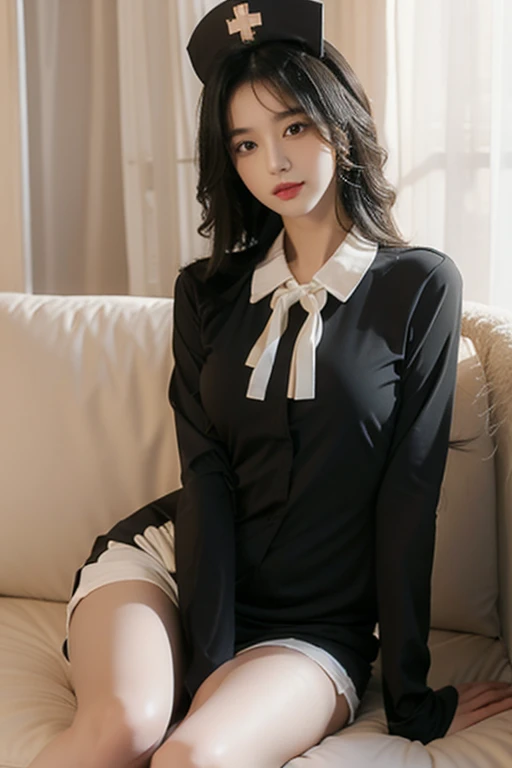 Girl with long curly black hair, wearing fitted nurse uniform. Sitting on sofa.