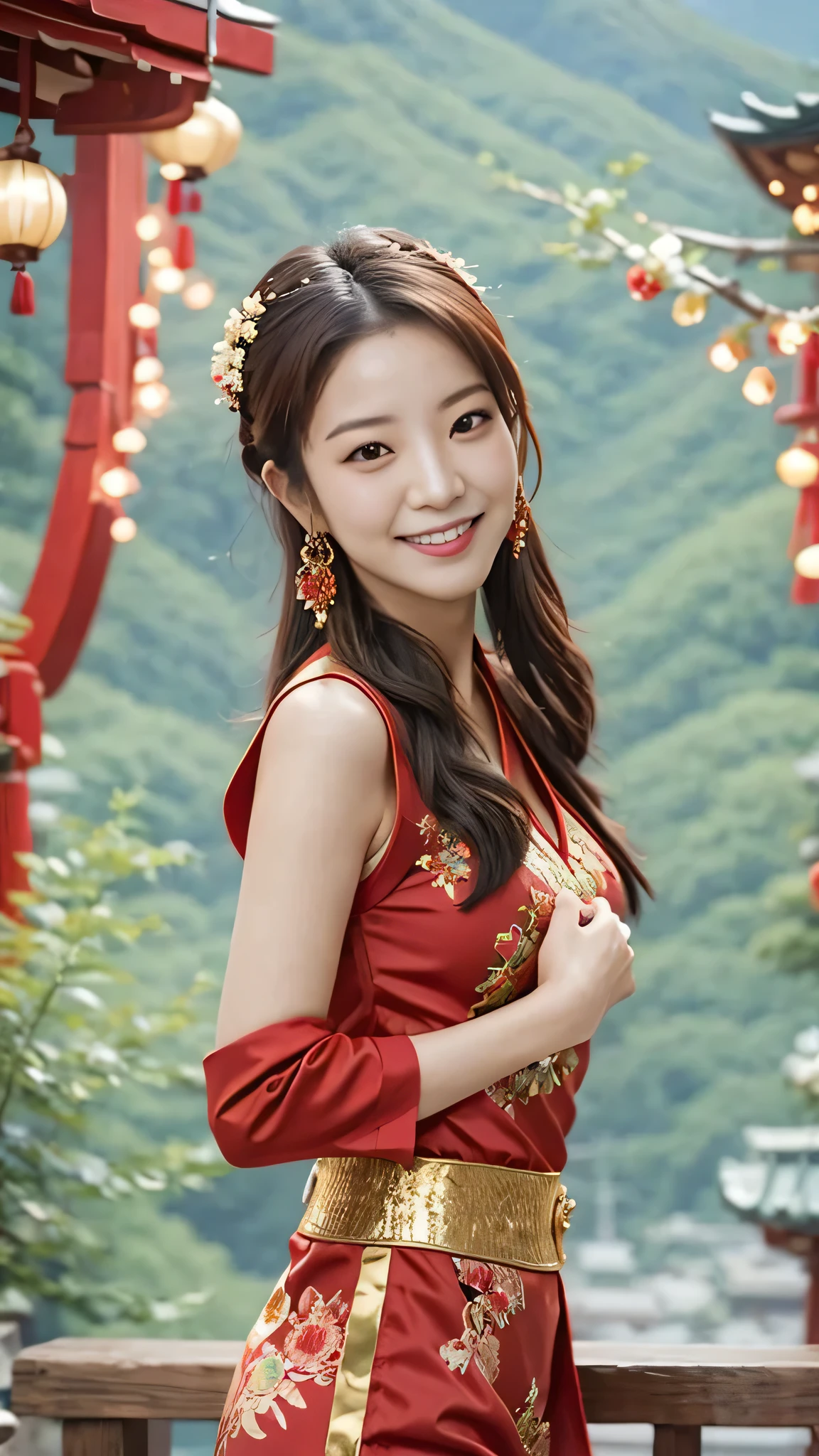 (SFW:1.5),(masterpiece, Highest quality:1.2),Arafe Asian woman in a bright red dress and black shorts, Gorgeous Chinese Model, V-shaped clothing with an open neckline, Gorgeous Young Woman, Beautiful woman, Beautiful young Japanese woman,28 years old、A sophisticated gravure idol, Japanese Goddess, Tight outfit, Beautiful Asian Girl, Captivating portrait of Tifa Lockhart,  Real young gravure idol