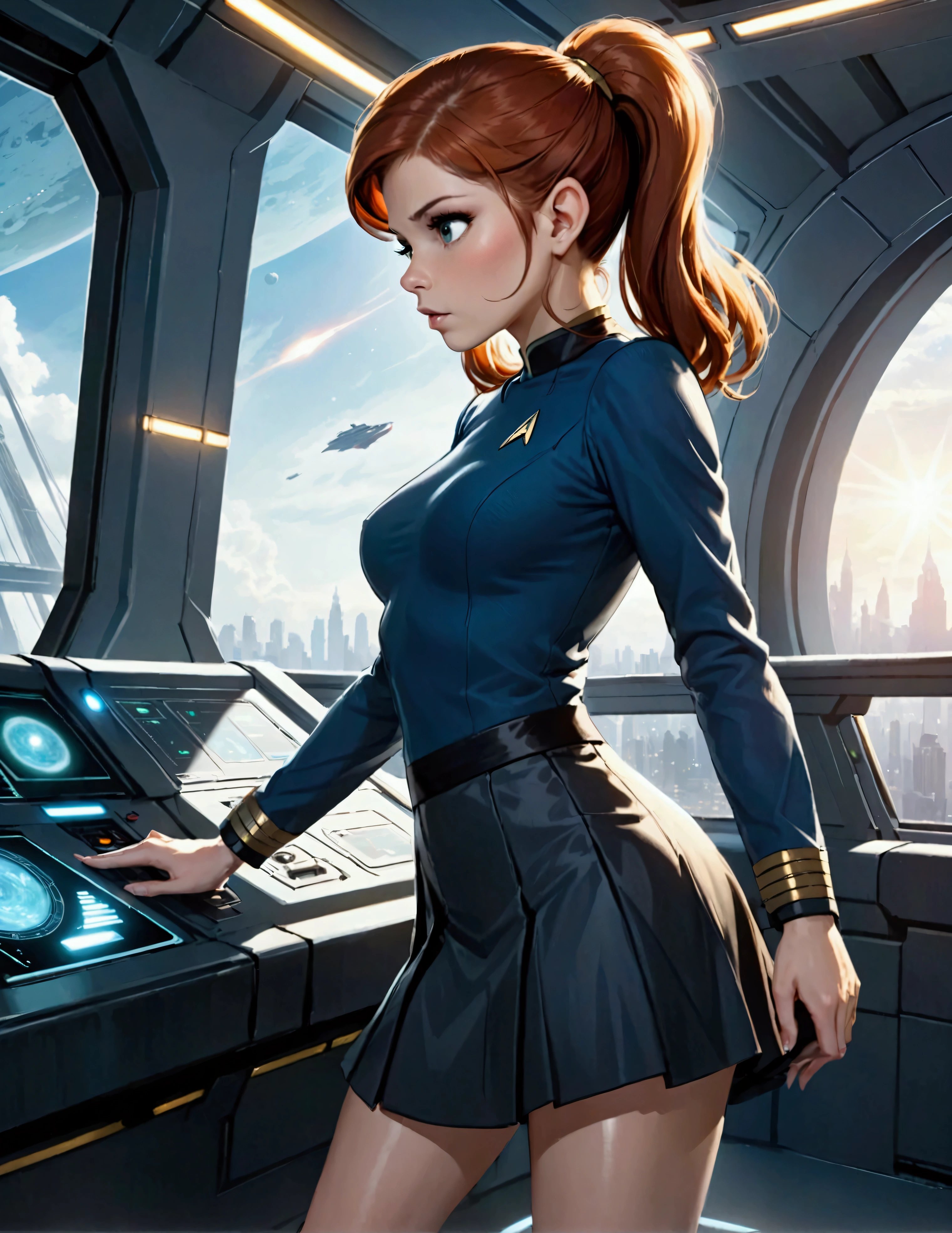 Kate Mara, age 25, short skirt Yeoman on the 60s Star Trek Enterprise. She is bringing a message to Captain Kirk on the bridge.
