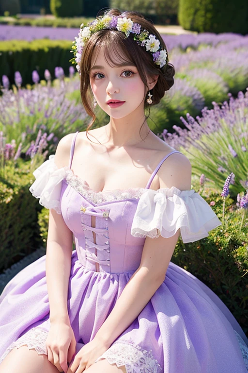 ((Highest quality)), ((masterpiece)), (detailed), One girl, cute,White beauty,Lavender Fields、Flower Garden,Photon Mapping，Jill Stuart pink lace and frill dress，animation、High Contrast、Glitter
