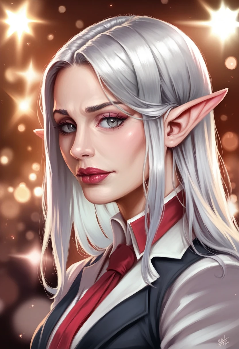 A beautiful elf woman with silver hair and grey eyes, wearing a crimson hakama, (best quality,4k,8k,highres,masterpiece:1.2),ultra-detailed,(realistic,photorealistic,photo-realistic:1.37),HDR,UHD,studio lighting,ultra-fine painting,sharp focus,physically-based rendering,extreme detail description,professional,vivid colors,bokeh,digital painting,fantasy art,elegant,serene expression,intricate details,delicate features,graceful pose