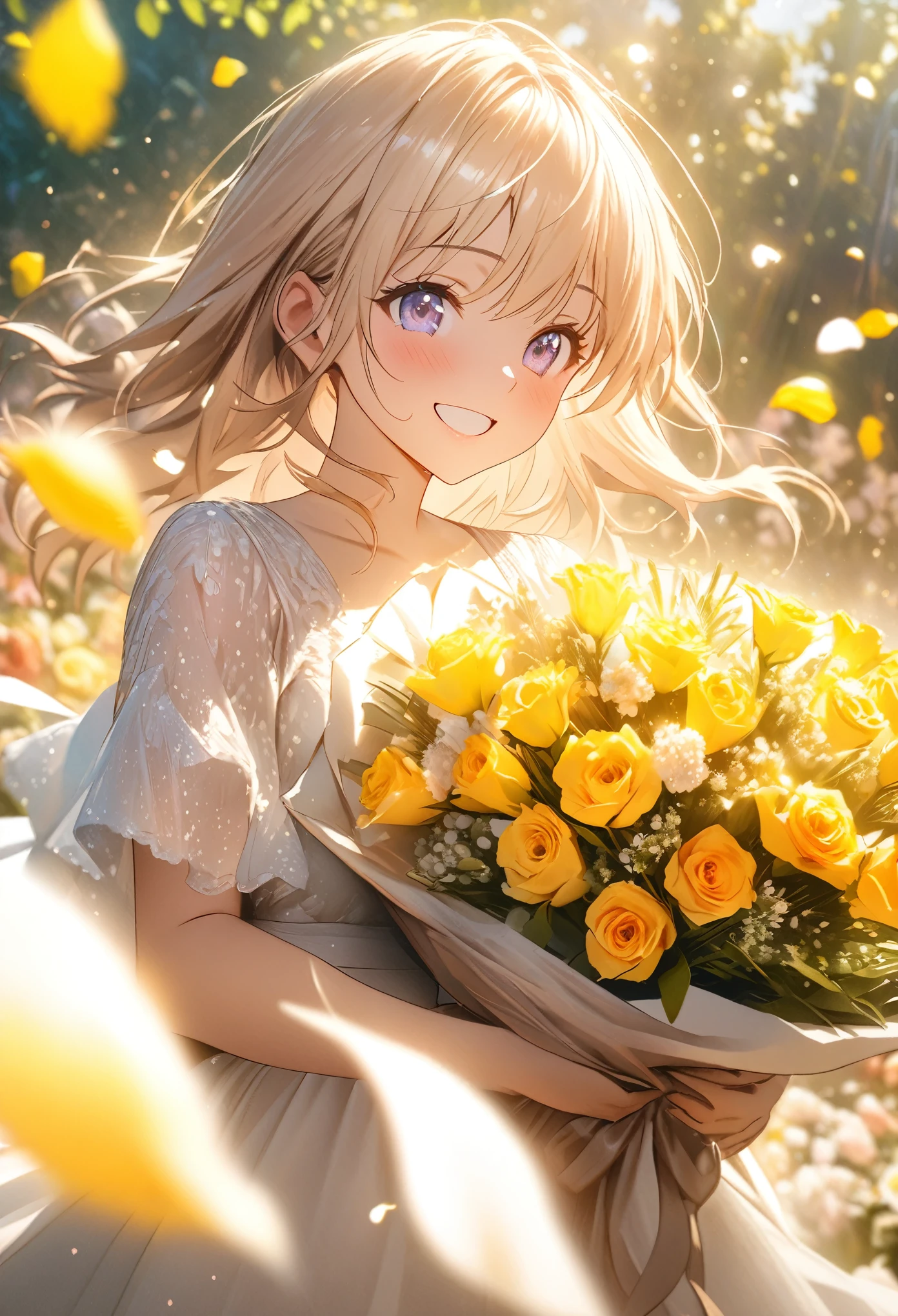 Anime, depth of field, cinematic lighting, lens flare, f/1.2, (Masterpiece: 1.2), (high resolution), flower garden, girl with a bouquet, smile of joy, dancing petals, light effects, emotion photo, full of kindness, (bouquet for you), masterpiece, highest quality, highly detailed CG Unity 8k wallpaper,