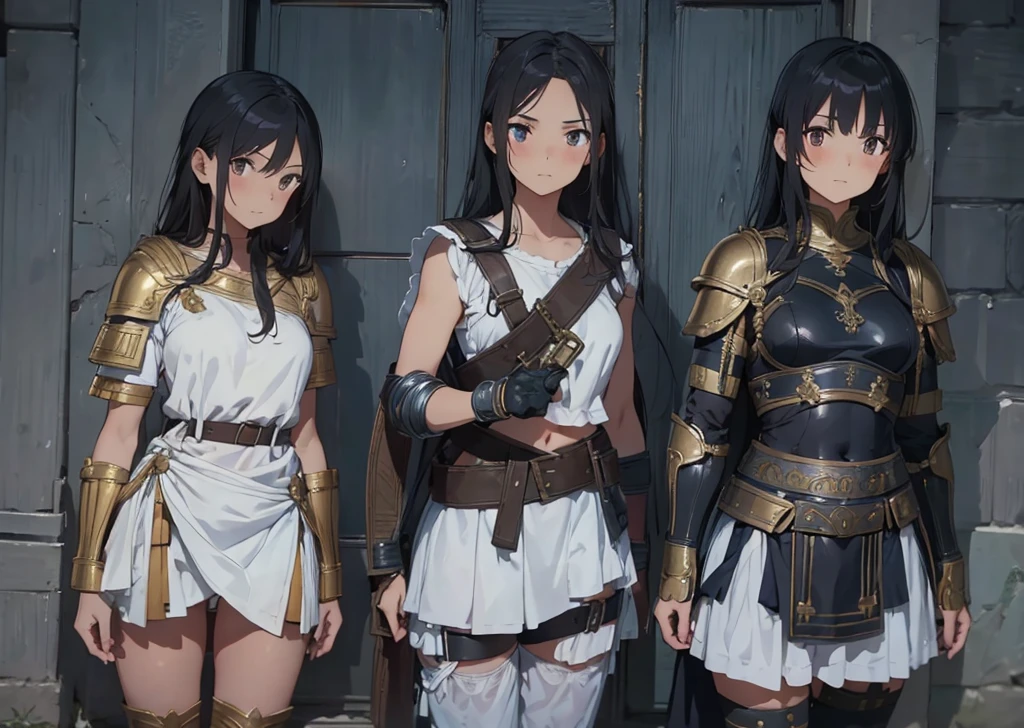 a beautiful Greek warriors girls standing guard at a door, Greek warrior, girls ,tanned skin, tail cover ,brown skin, ancient Greece, classical Greece, black armor ,slim body, defined abdomen , warrior woman, l ight armor, black hair,red hair , blonde hair
