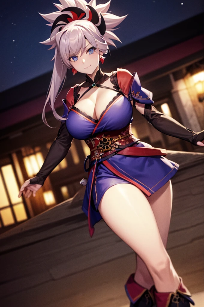 masterpiece, Highest quality:1.2), miyamoto musashi, asymmetrical hair, Blue eyes, earrings, hair ornament, pink hair, ponytail, sidelocks,, One Woman, alone,Silver Hair,Huge breasts,Thick legs,smile,Cowboy Shot,青いkimono,kimono,No sleeve,Removable sleeves,Red belt,Cleavage,Exposing shoulders,side