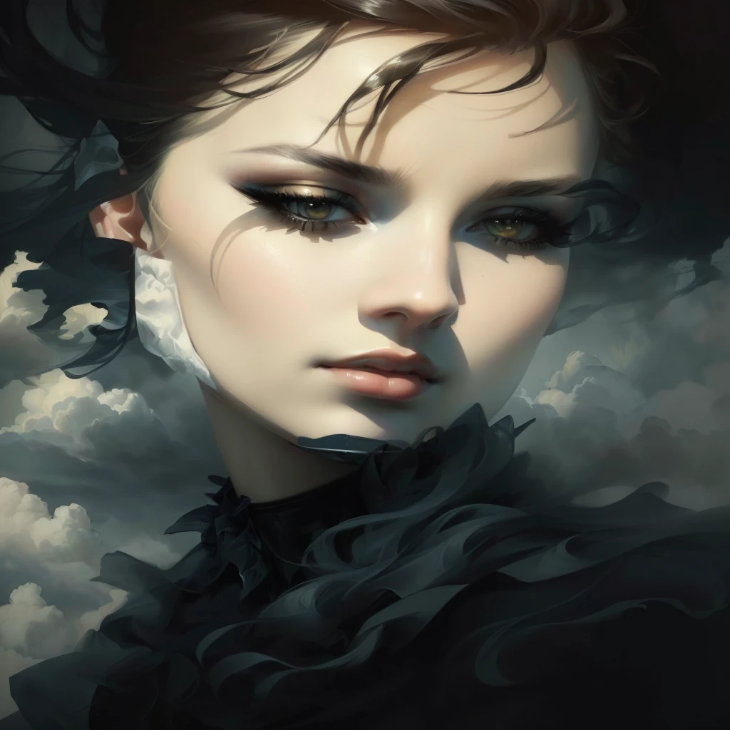 painting of a woman with a black dress and a cloud in the background, stunning digital illustration, gorgeous digital painting, exquisite digital illustration, epic portrait illustration, beautiful digital illustration, a beautiful artwork illustration, sultry digital painting, low detailed. digital painting, stunning digital painting, digital fantasy portrait, detailed sensual face, gorgeous digital art, in style of digital illustration