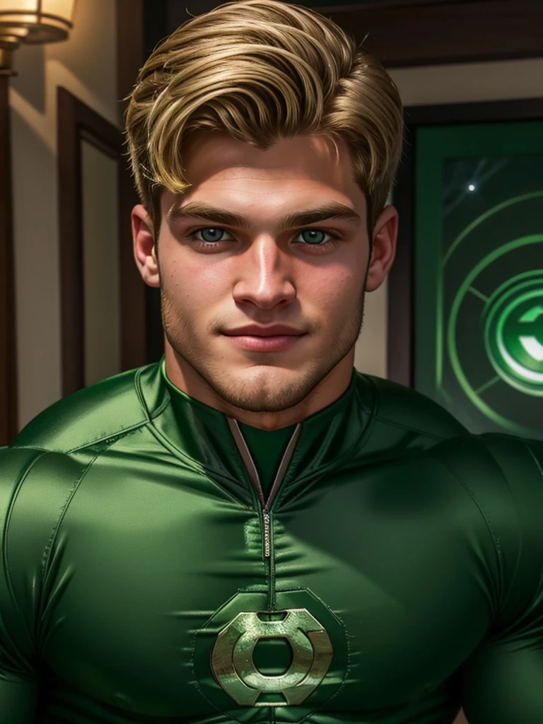 close-up photo of Nick Bosa , looking at viewer, blonde hair, wearing a green lantern outfit, 