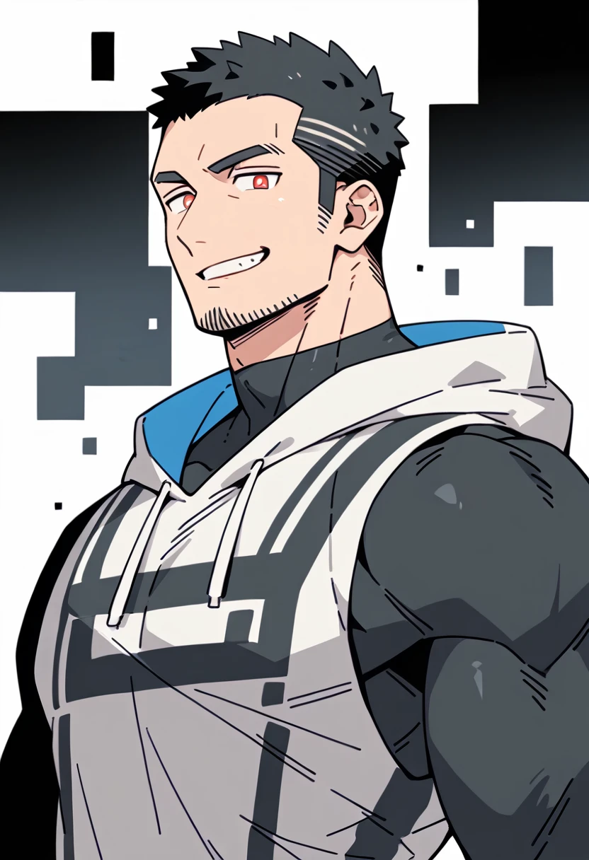 anime characters:Priapus, Black Black Skin Muscle Sports Student, Manliness, Buzz Cut,male focus, Sports tight hooded sweatshirt, Under Armour Brand, Wear a high-necked tights underneath, Very tight, Huge pectoral muscles, muscular male, muscular, only, Upper body, alone, Red short hair, Thick eyebrows, Stubble, Brown-red pupils, White background, Solid color background, Clean background, simple background, amazing quality, best aesthetics, Ridiculous, crew cut, smirk, bright pupils, grin, negative space, negative space, best quality