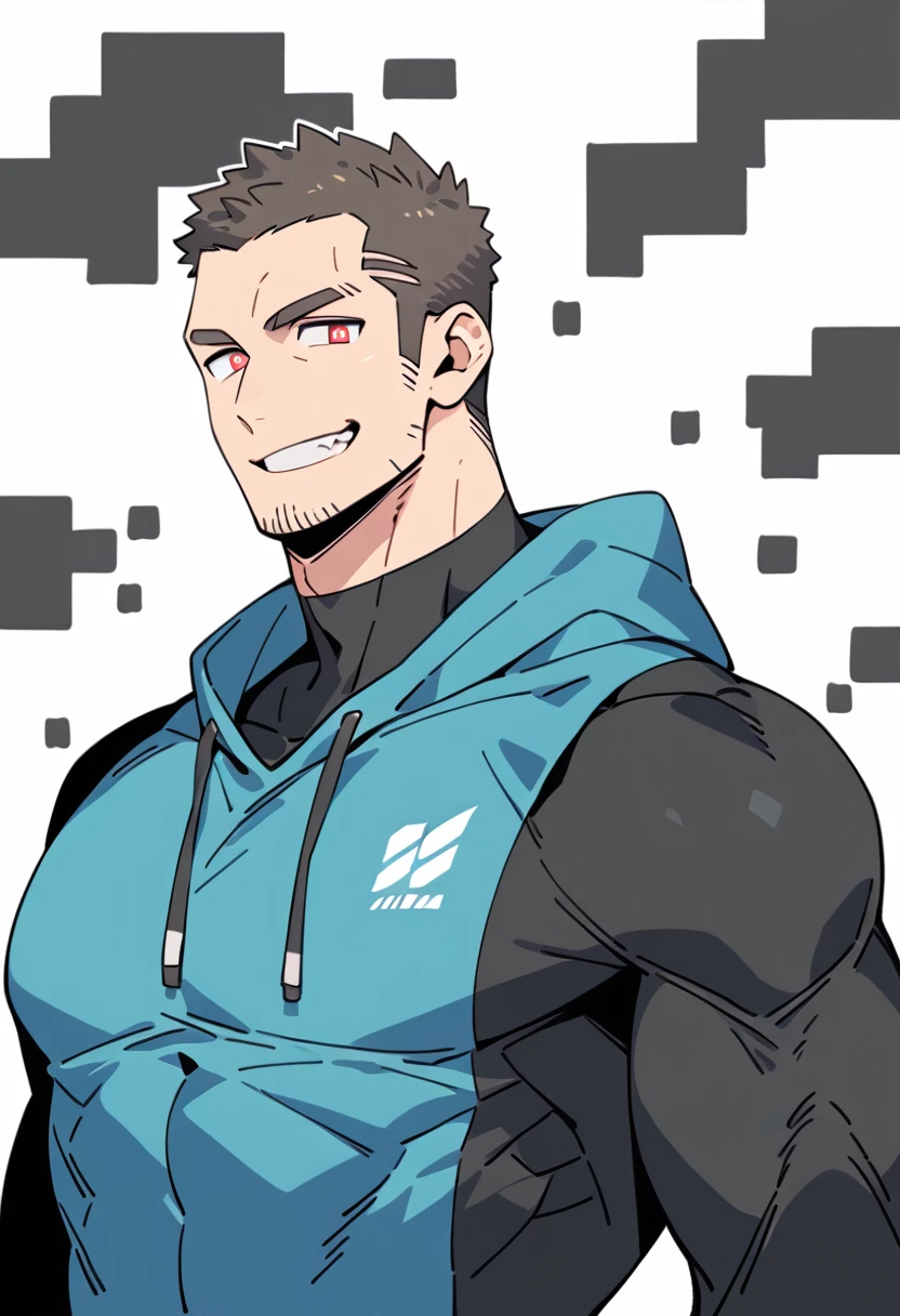 anime characters：Priapus, Black Black Skin Muscle Sports Student, Manliness, Buzz Cut，male focus, Sports tight hooded sweatshirt, Under Armour Brand, Wear a high-necked tights underneath, Very tight, Huge pectoral muscles, muscular male, muscular, only, Upper body, alone, Red short hair, Thick eyebrows, Stubble, Brown-red pupils, White background, Solid color background, Clean background, simple background, amazing quality, best aesthetics, Ridiculous, crew cut, smirk, bright pupils, grin, negative space, negative space, best quality