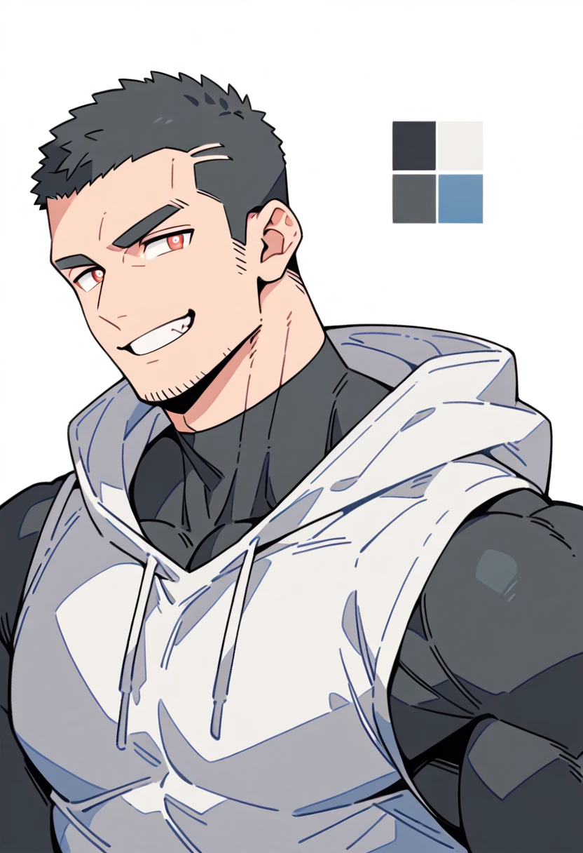 anime characters:Priapus, Black Black Skin Muscle Sports Student, Manliness, Buzz Cut,male focus, Sports tight hooded sweatshirt, Under Armour Brand, Wear a high-necked tights underneath, Very tight, Huge pectoral muscles, muscular male, muscular, only, Upper body, alone, Red short hair, Thick eyebrows, Stubble, Brown-red pupils, White background, Solid color background, Clean background, simple background, amazing quality, best aesthetics, Ridiculous, crew cut, smirk, bright pupils, grin, negative space, negative space, best quality
