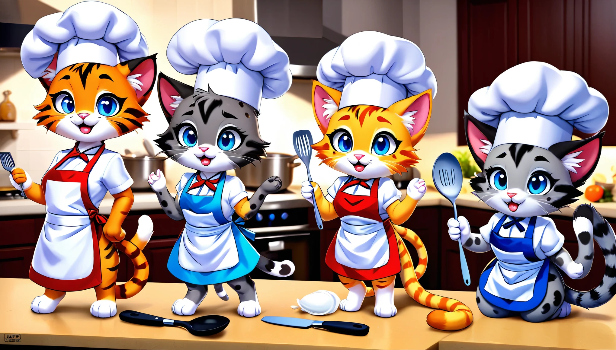 HDR,Ultra HD,8K, Three cats in mini chef aprons. Tigrão is an orange cat with dark spots, Miau is a gray cat with blue eyes, and Bolinha is a white cat with black spots. They are surrounded by kitchen utensils and ingredients, striking funny poses.