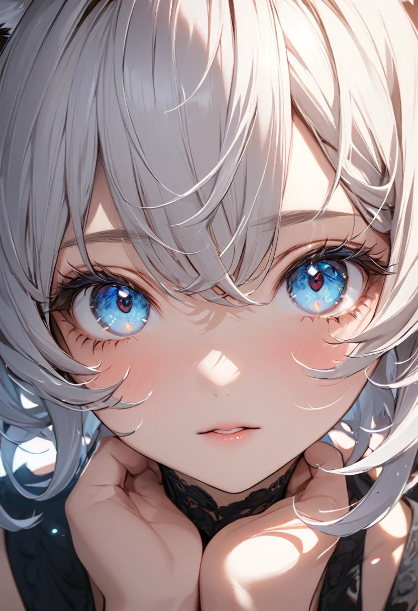 neferpitou, neferpitou, short hair, (red eyes:1.5), animal ears, tail, white hair, shorts, cat ears, cat tail, curly hair, (small breast:1.2), BREAK looking at viewer, BREAK outside, BREAK (masterpiece:1.2), best quality, high resolution, unity 8k wallpaper, (illustration:0.8), (beautiful detailed eyes:1.6), extremely detailed face, perfect lighting, extremely detailed CG, (perfect hands, perfect anatomy),