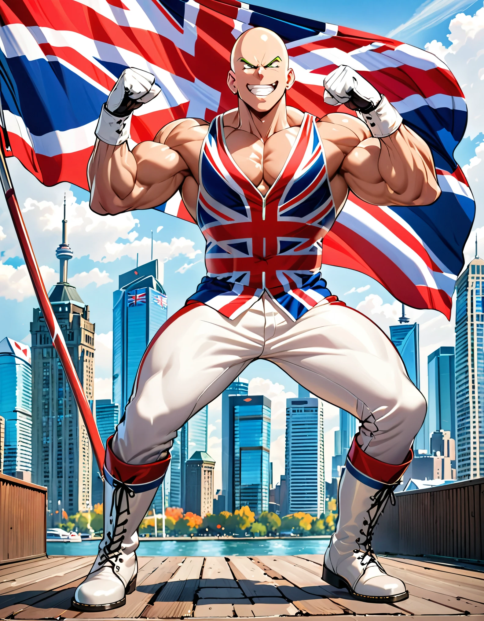 (masterpiece), (best quality), (high res), 1boy, solo, solo focus, male focus, bald head, green eyes, full body, British, muscular, pectorals, union jack wrestling outfit, thigh pants, white boots, matching boots, white gloves, matching gloves, union jack \(tattoo\) on chest. dynamic flexing pose, flexing his muscles, smug look, big smile, clenched teeth, semi-cartoon style, Toronto city backdrop, daytime, Cowboy Shot, clenched fists.