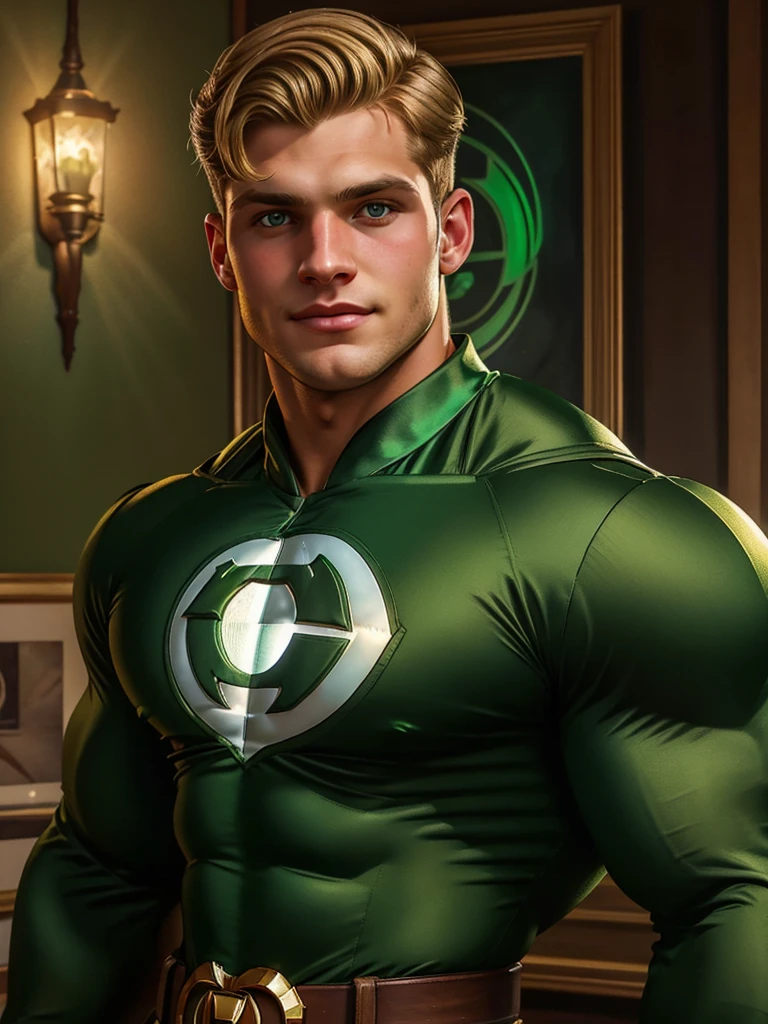 illustration in Leyendecker style; close-up photo of Nick Bosa , looking at viewer, blonde hair, wearing a green lantern outfit, 