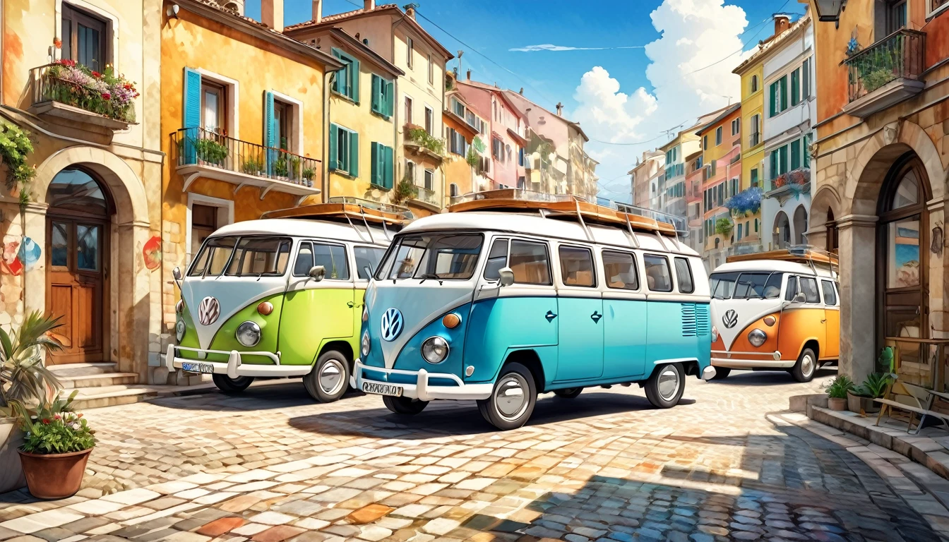 A picture of a van parked on a cobblestone street near the building., VW buses on the street, beautiful retro art, by Bencho Obreshkov, Driving a VW Microbus, Colourful and detailed, 8k)), happy italian beach scene, Watercolor style, super Realistic painting style, Detailed 4K painting, Realistic painting style, Awesome Wallpapers,There is no one,Only one car