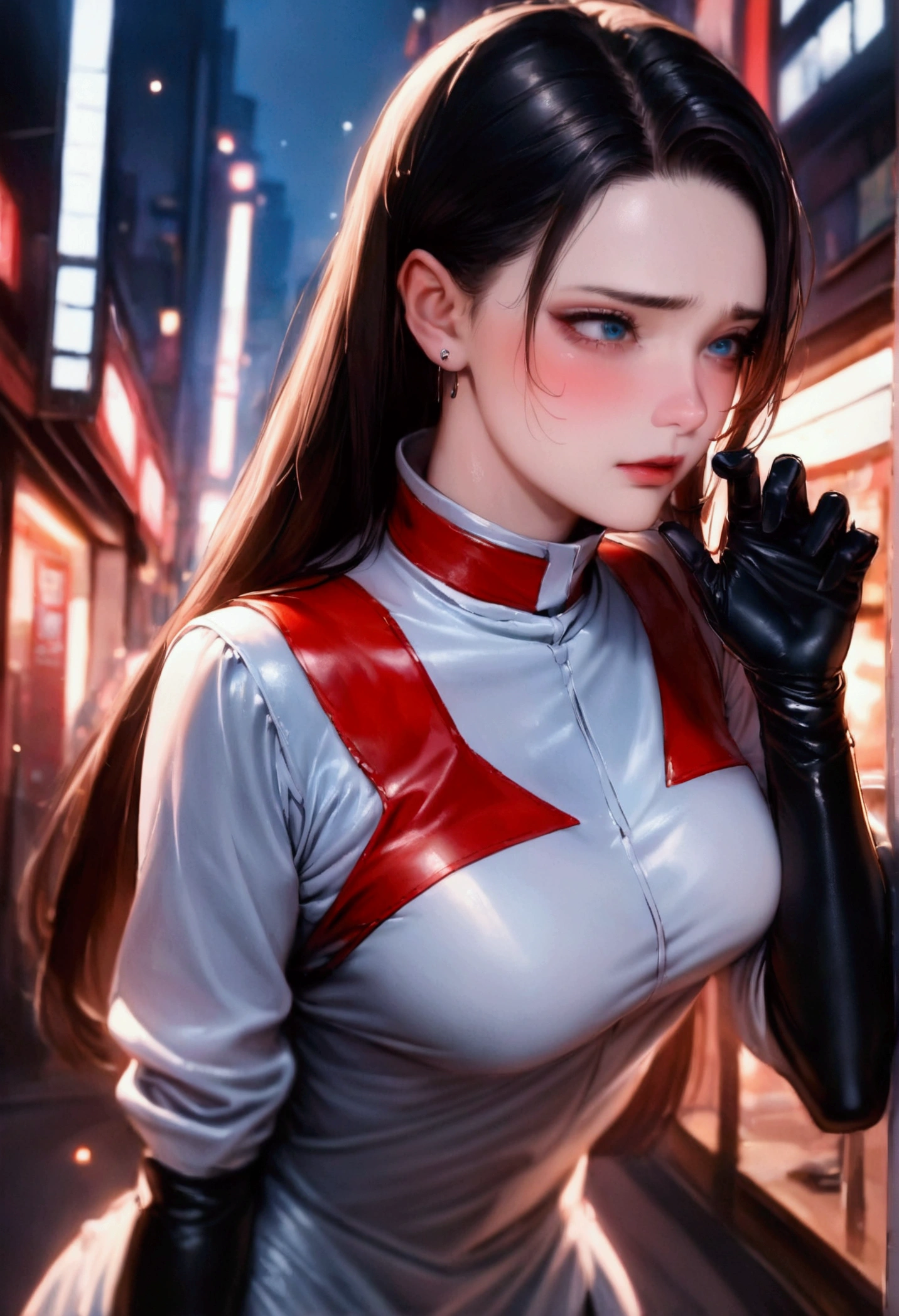 great quality, ​masterpiece, Female One, jessie, long hair straight back, blue colored eyes, white team rocket uniform,sexly, 比基尼, Embarrassed pose, 苗条, slim, ambient lights, detailed, short black gloves, red r on clothes, standing in a city, overskirt, aretes