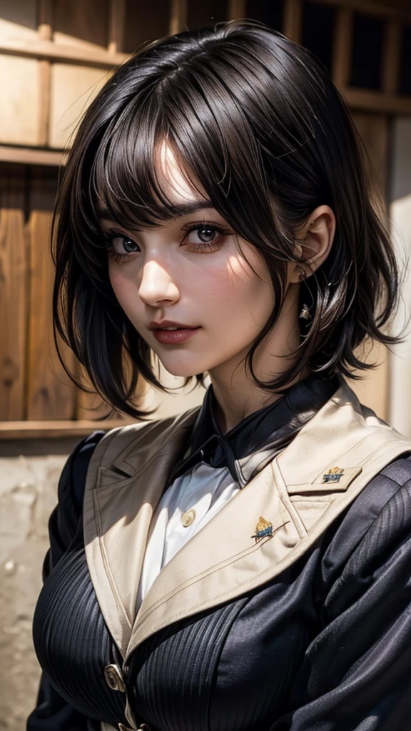 ((Beautiful Face:1.2)), (Purelos Face_v1: 1.0), Half Body,(Highest Resolution, clear_image) Highest quality, Single, One Woman, alone, masterpiece, Very detailed, (realistic), Black short hair, Black Hair, bangs, mature, ((JSDF uniform)), Indoor Background, kind, Authoritative, Powerful, Exquisite facial features, Exquisite facial features,((Natural big breasts:1.2))