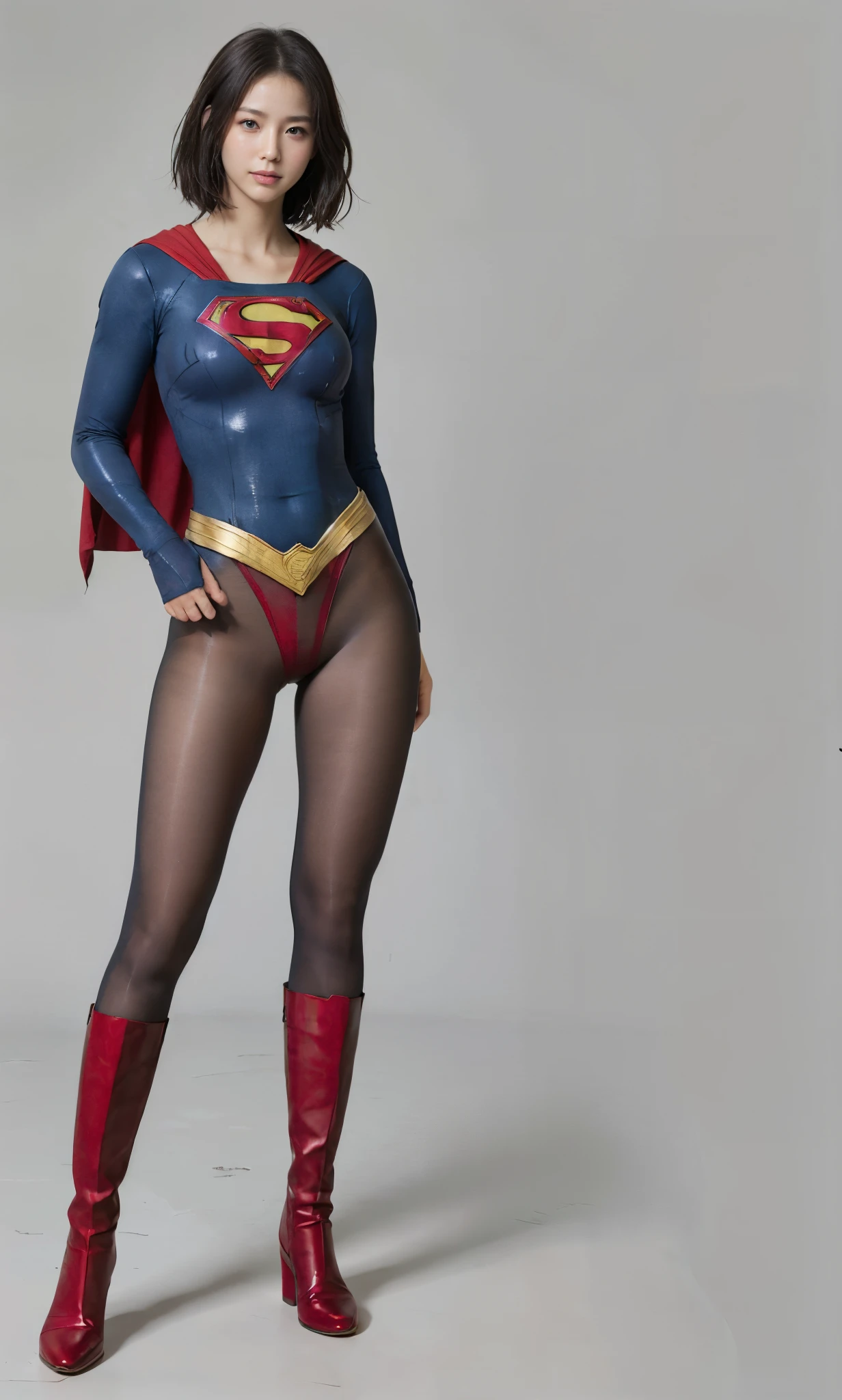 No background、(((Beautiful legs in black tights.)))、(((Legally express the beauty of your smile)))、((((Make the most of your original images)))、(((Supergirl Costume)))、(((Beautiful very short hair)))、(((suffering)))、(((Please wear black tights....、Wear red boots)))、((Best image quality、8k))、((Highest quality、8k、masterpiece:1.3))、(((Preserve background )))、Sharp focus:1.2、Beautiful woman with perfect figure:1.4、Slim Abs:1.2、Wet body:1.5、Highly detailed face and skin texture、8k