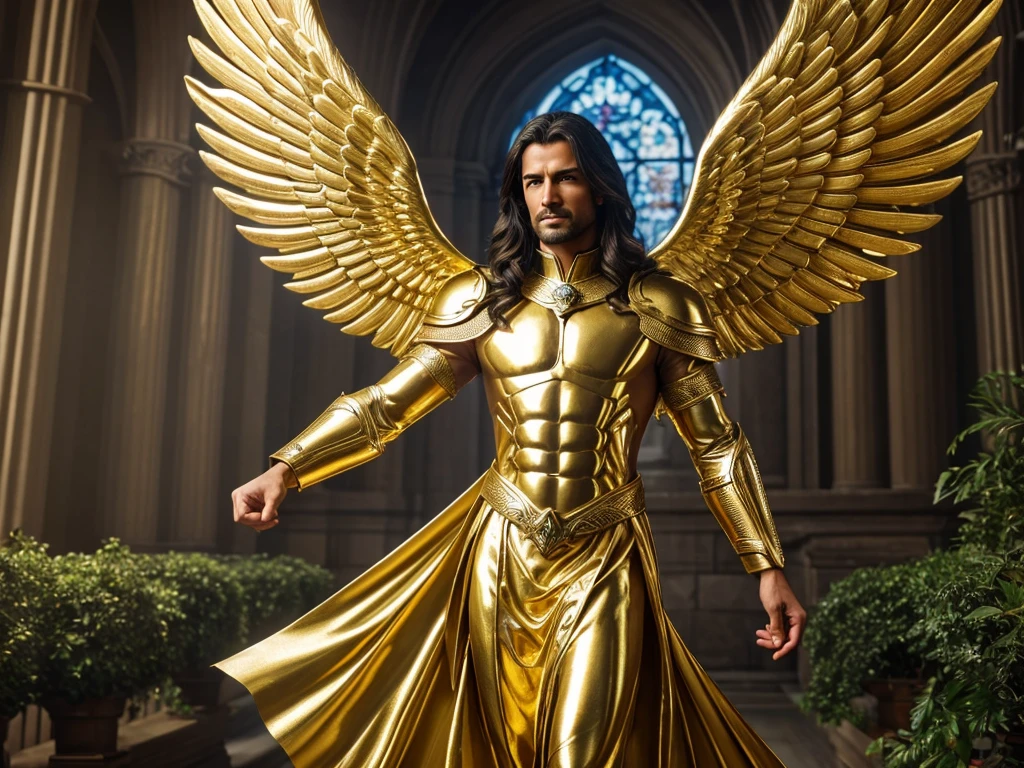 Archangel Chamuel、The Archangels、masterpiece,Best Quality,Ultra-detail,hight resolution,hight resolution,4K,Portrait in 4K,8k,8k Portrait,Unity 8k Wallpaper,extremely details CG,Realistic,Raw photo,real person,a portrait photo of,Photorealistic,Shiny skin,Detailed skin. Create hyper-realistic highly detailed lifelike image, of Archangel Chamuel looks in his mid 30s, with a Japanese appearance and long, flowing, wavy black hair. He wears gold-plated armor on his shoulders and has six large wings on his back, signifying his status as one of God's Holy angels. Archangel Chamuel has chiseled and firm abs, and his beauty is otherworldly as he is a Celestial being. Standing at a towering 7'8" with a muscular build and large biceps, he exudes strength and fierceness. Enchanting with the glory of God illuminating from his body, Archangel Chamuel flies over the river in the Garden of Eden, then lands and walks around, ensuring all is going smoothly with God's creation in the garden. Archangel Chamuel flies over the river in the Garden of Eden, then lands and walks around, ensuring everything is going smoothly with God's creation.