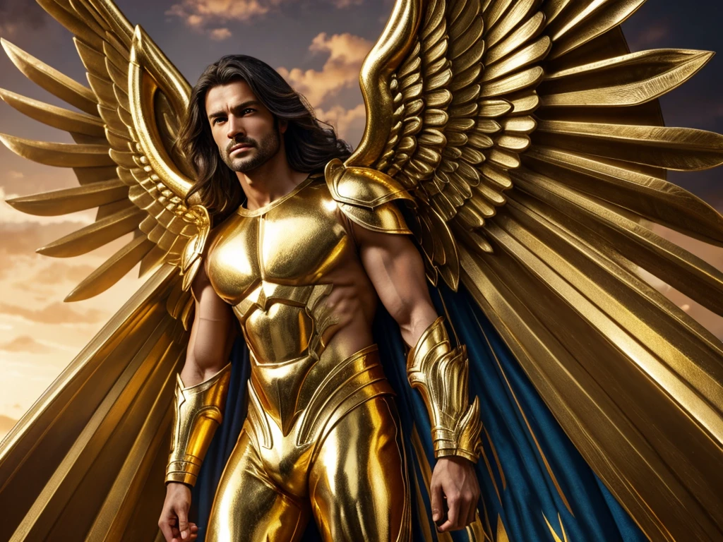 Archangel Chamuel、The Archangels、masterpiece,Best Quality,Ultra-detail,hight resolution,hight resolution,4K,Portrait in 4K,8k,8k Portrait,Unity 8k Wallpaper,extremely details CG,Realistic,Raw photo,real person,a portrait photo of,Photorealistic,Shiny skin,Detailed skin. Create hyper-realistic highly detailed lifelike image, of Archangel Chamuel looks in his mid 30s, with a Japanese appearance and long, flowing, wavy black hair. He wears gold-plated armor on his shoulders and has six large wings on his back, signifying his status as one of God's Holy angels. Archangel Chamuel has chiseled and firm abs, and his beauty is otherworldly as he is a Celestial being. Standing at a towering 7'8" with a muscular build and large biceps, he exudes strength and fierceness. Enchanting with the glory of God illuminating from his body, Archangel Chamuel flies over the river in the Garden of Eden, then lands and walks around, ensuring all is going smoothly with God's creation in the garden. Archangel Chamuel flies over the river in the Garden of Eden, then lands and walks around, ensuring everything is going smoothly with God's creation.