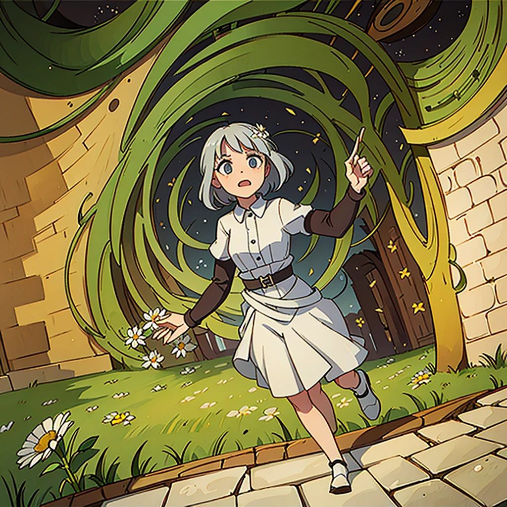 Labyrinth and walls with vines, surrounded by a vast plantation of daisies 